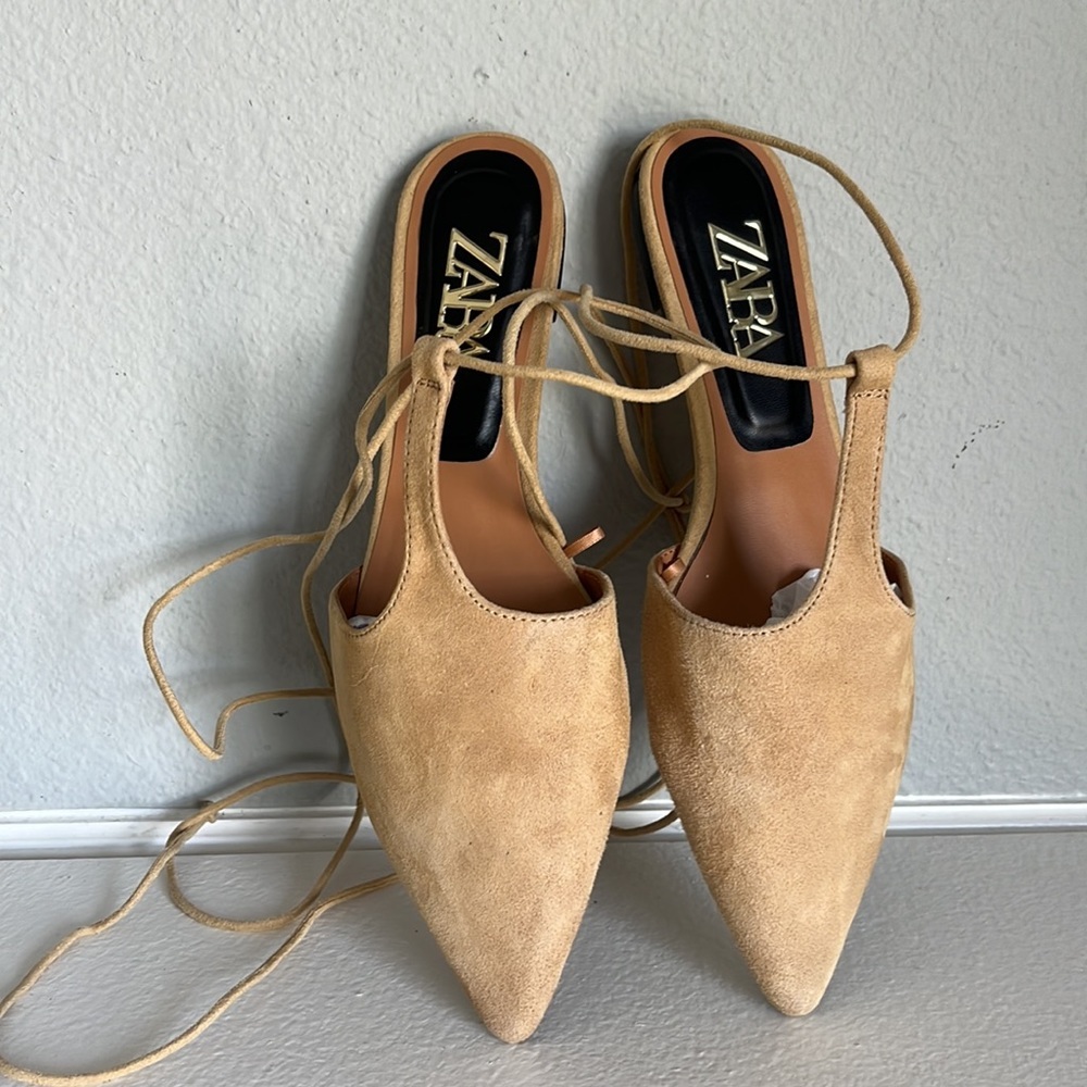 Zara suede wrapped around lace pointy mules